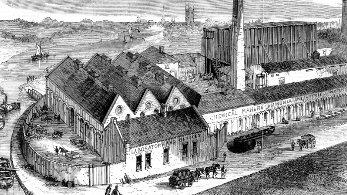 old drawing of a factory from the 1860s