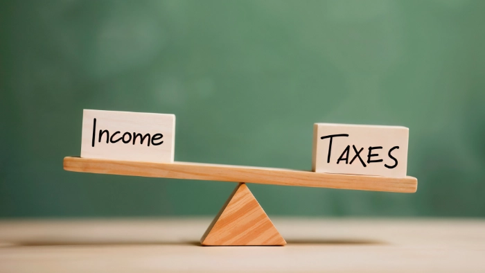 a seesaw with income on one side and taxes on the other